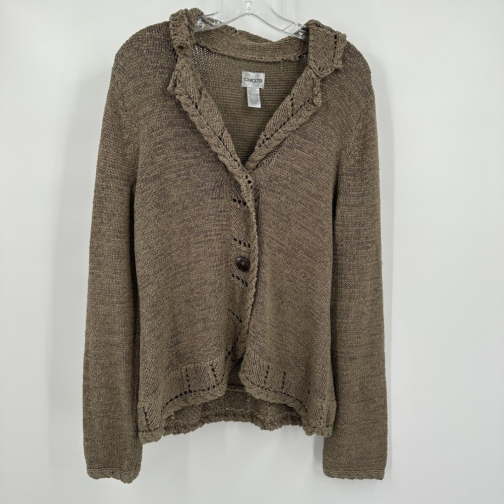Chicos Womens Lagenlook Cardigan Size 2 US L Metallic Sweater Earthy Granola